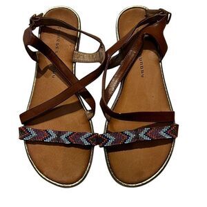 Chinese Laundry Womens Size 8.5 Beaded Toe Sandals Brown Ankle Strap Flats